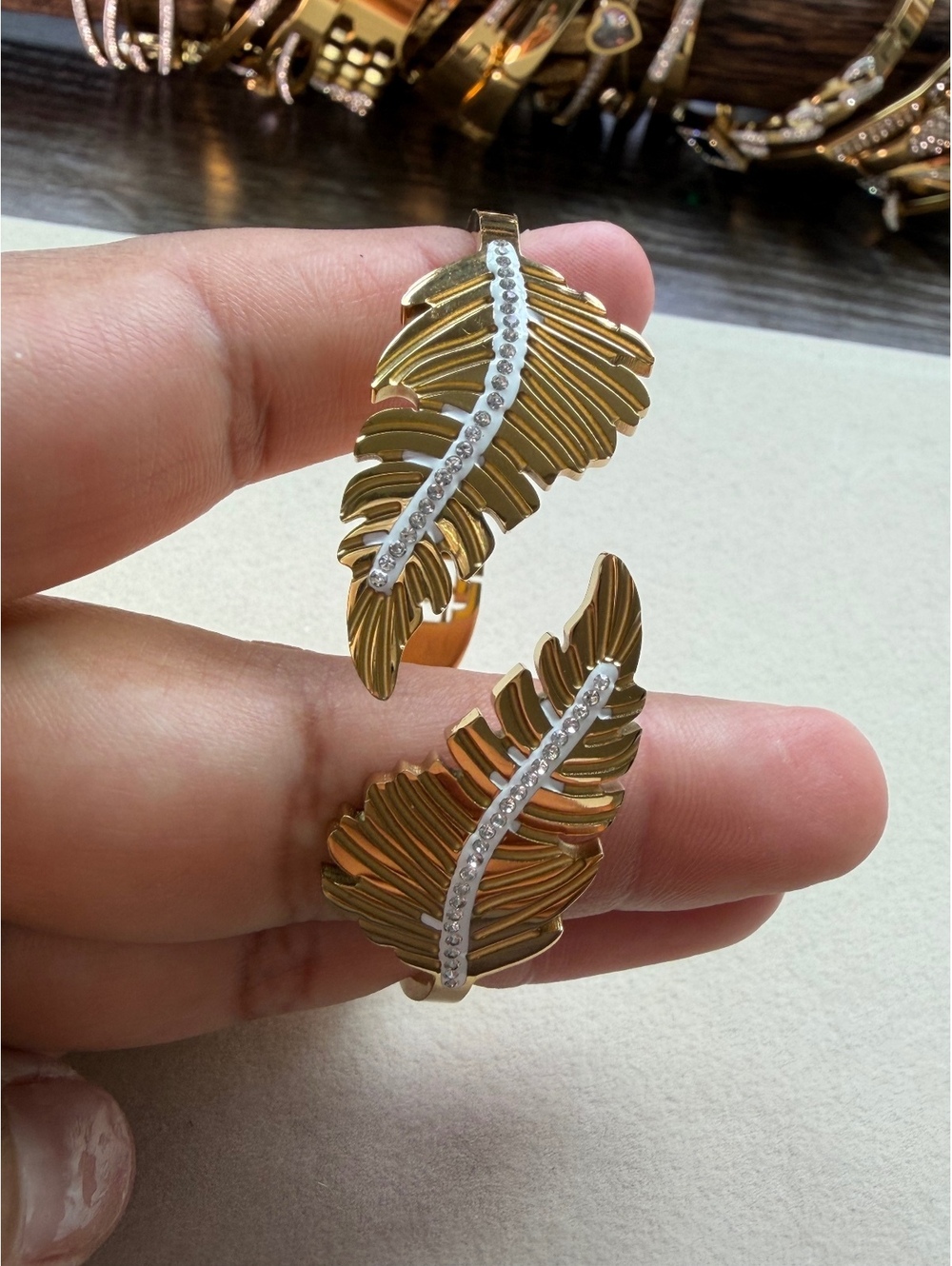 Non-Tarnish 18K Gold Plated Feather Crystal Cuff